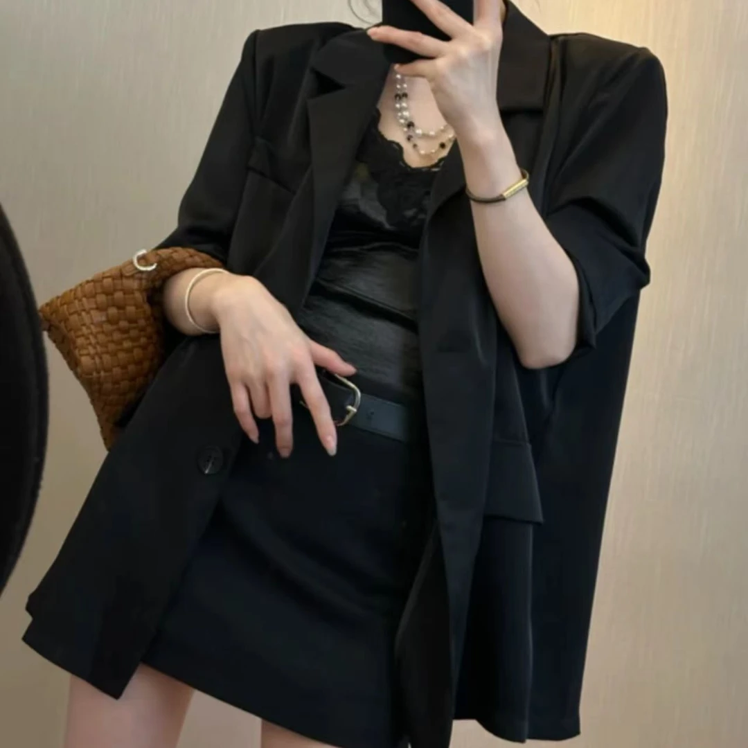 港风御姐时尚西装外套法式丝滑缎面衬衣职业通勤高级感西服春夏