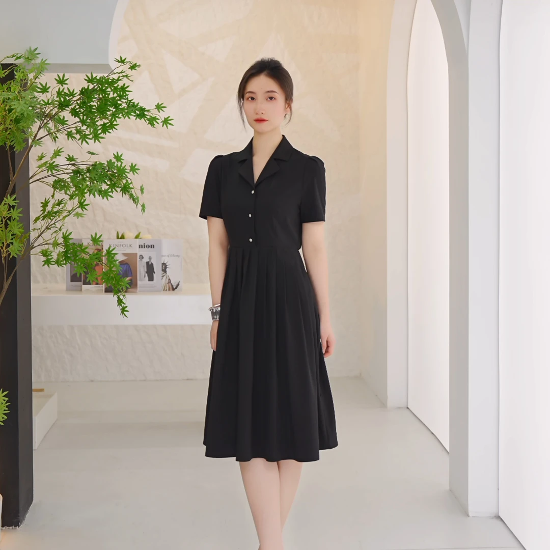 【黑珍珠-知简】爱居兔25年夏季气质显瘦遮肉短袖小黑裙EQLBJ2Q725A