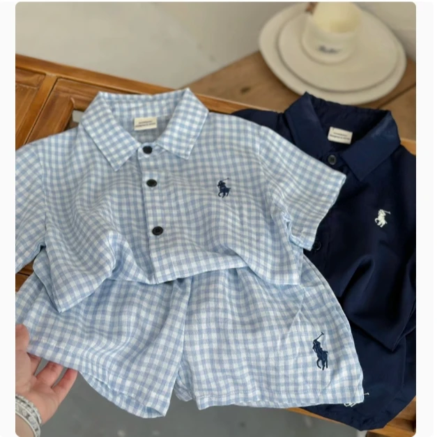 儿童套装2025夏款韩版男女童日系潮牌短袖衬衫宝宝格子两件套