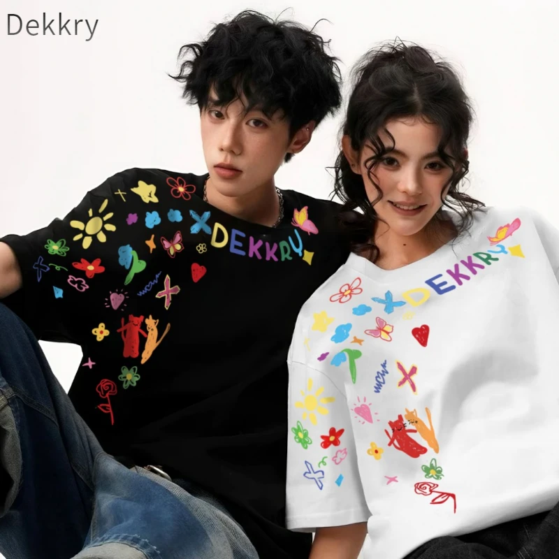 Dekkry短袖字母圆领情侣几何T恤显瘦宽松春夏休闲设计感夏季ins