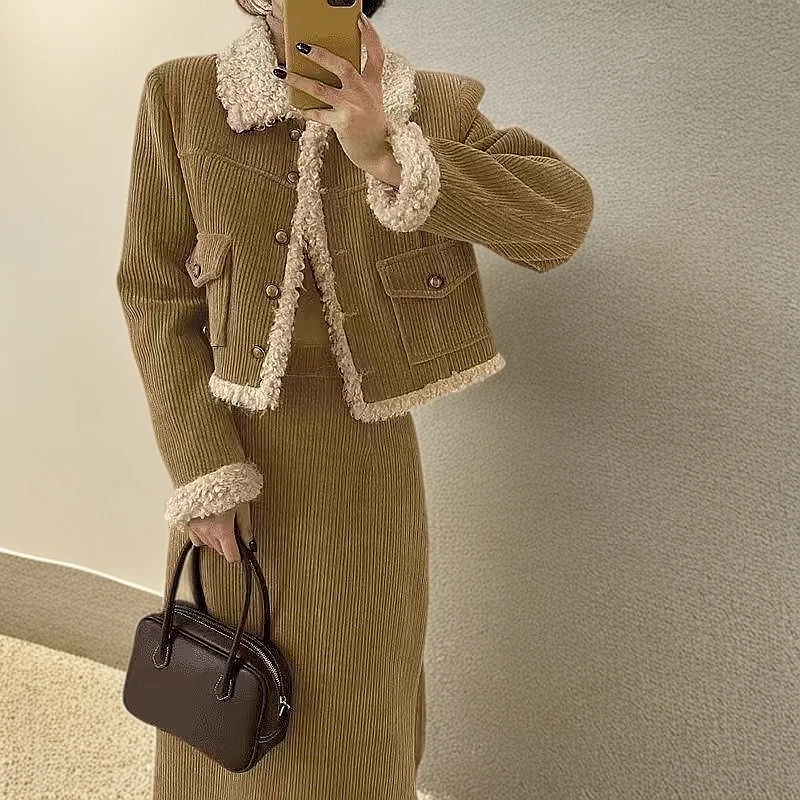 冬季加绒加厚两件套小香风2024新款高级感短外套半身裙两件套