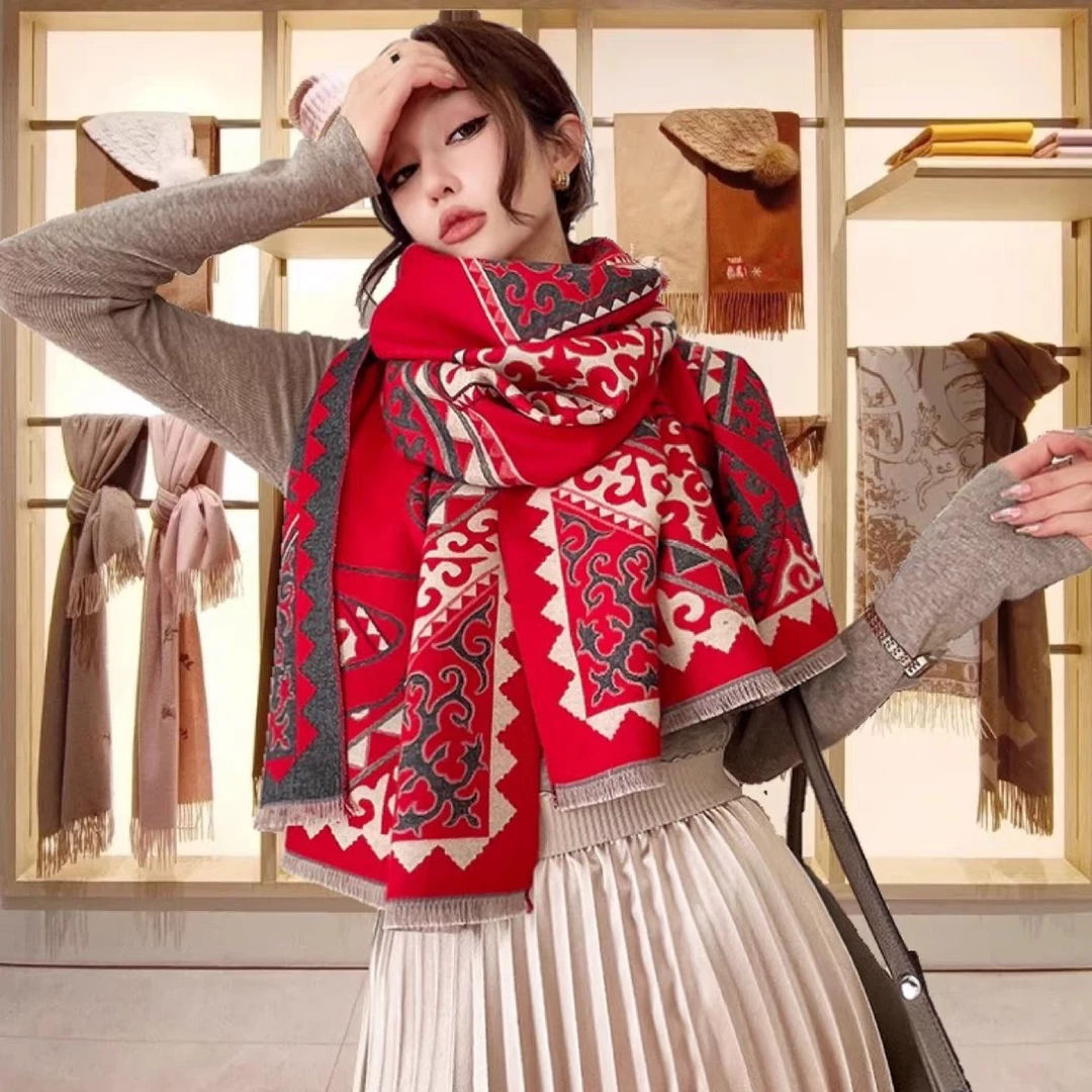 《马赛克》新款保暖围巾女长款民族风加厚围脖仿羊绒百搭空调房披肩