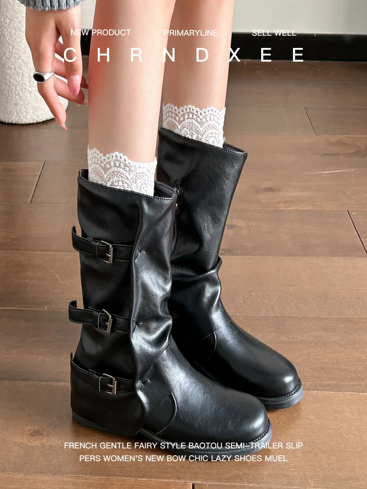 牛皮版~废土风皮带扣裤管靴女秋冬复古厚底西部牛仔靴褶皱中筒靴