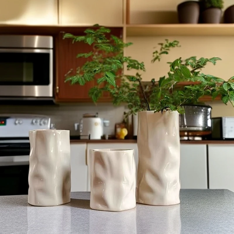 高级感冰纹花瓶摆件奶油风花瓶北欧家用客厅民宿水培插花陶瓷花瓶