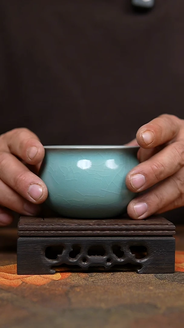 杯仿古天青纯手工薄胎大风水缸杯一级礼盒
