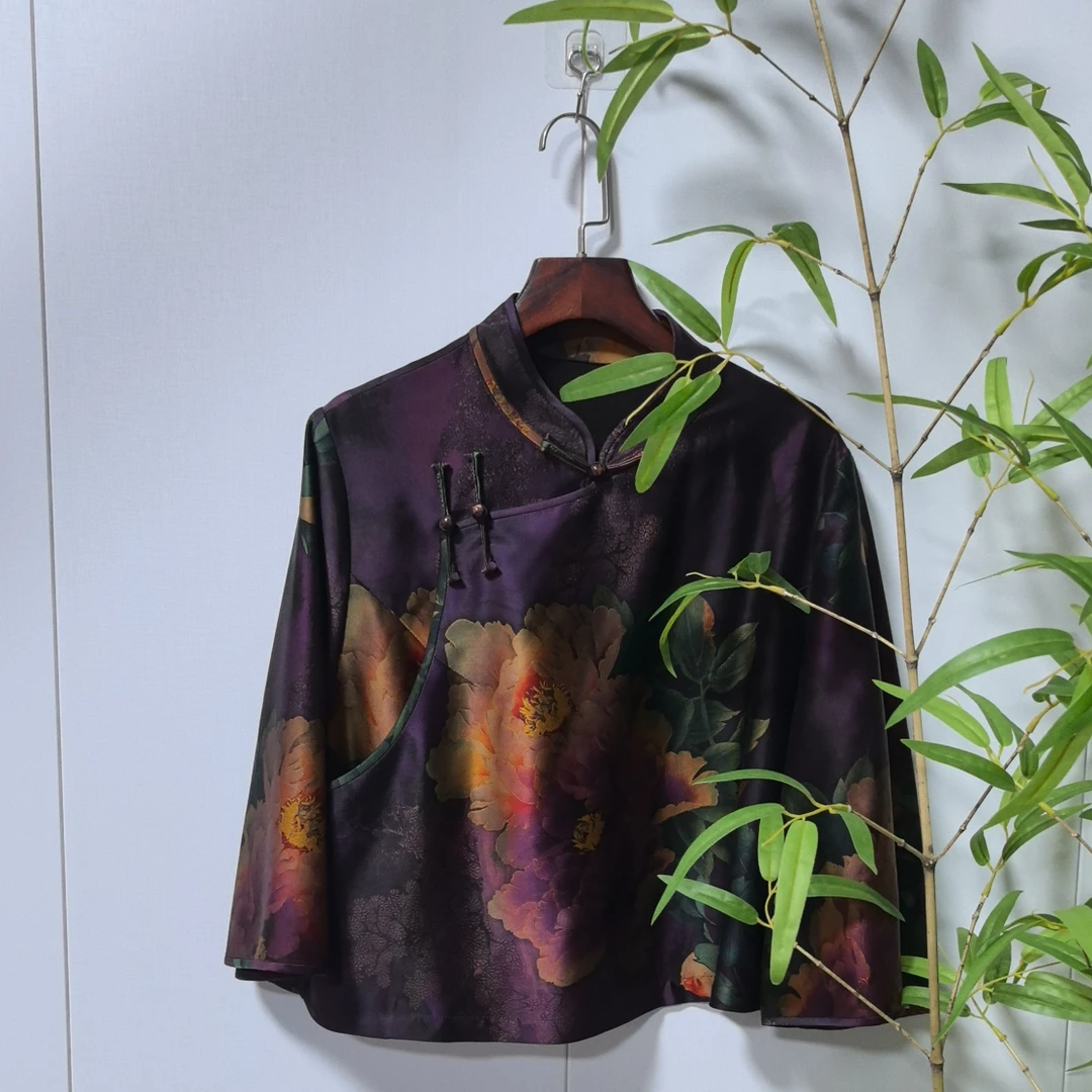 青娘子香云纱重缎印花新中式时尚气质短款上衣---60265