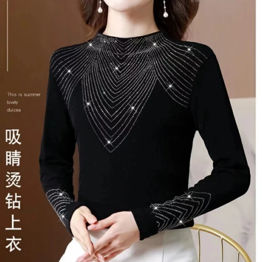 烫钻打底衫女黑色半高领上衣大码遮肚子气质长袖小衫女