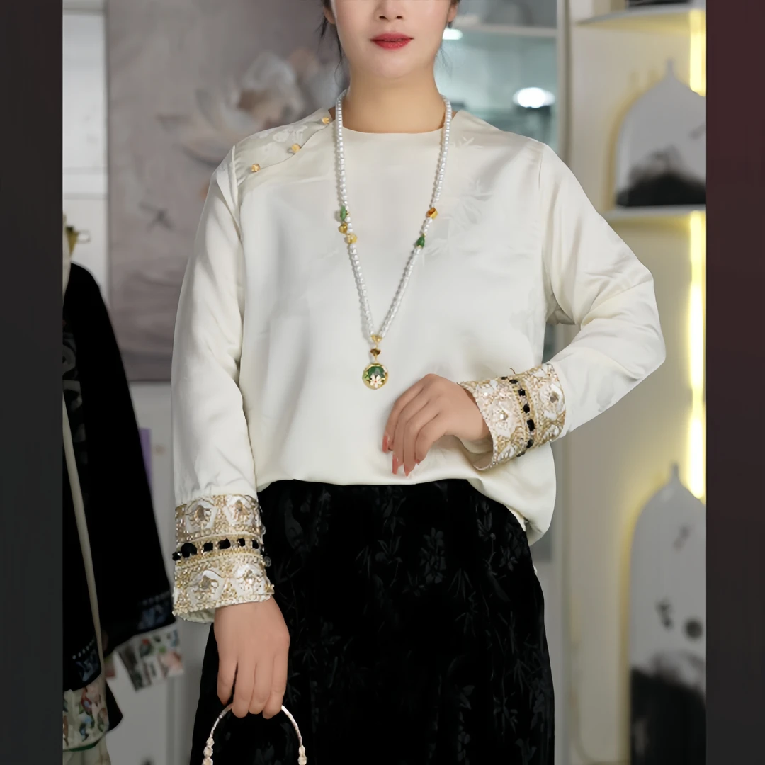 春夏新中式国风拼接袖子衬衣女显瘦提花斜襟圆领衬衫上衣长袖气质
