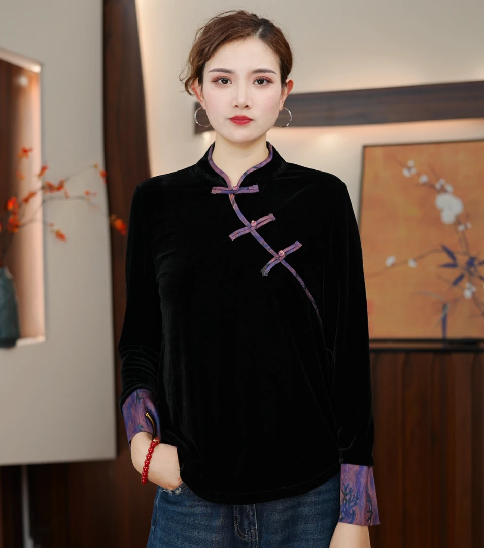 2025秋季新款丝绒立领长袖新中式盘扣显瘦遮肉打底女士上衣