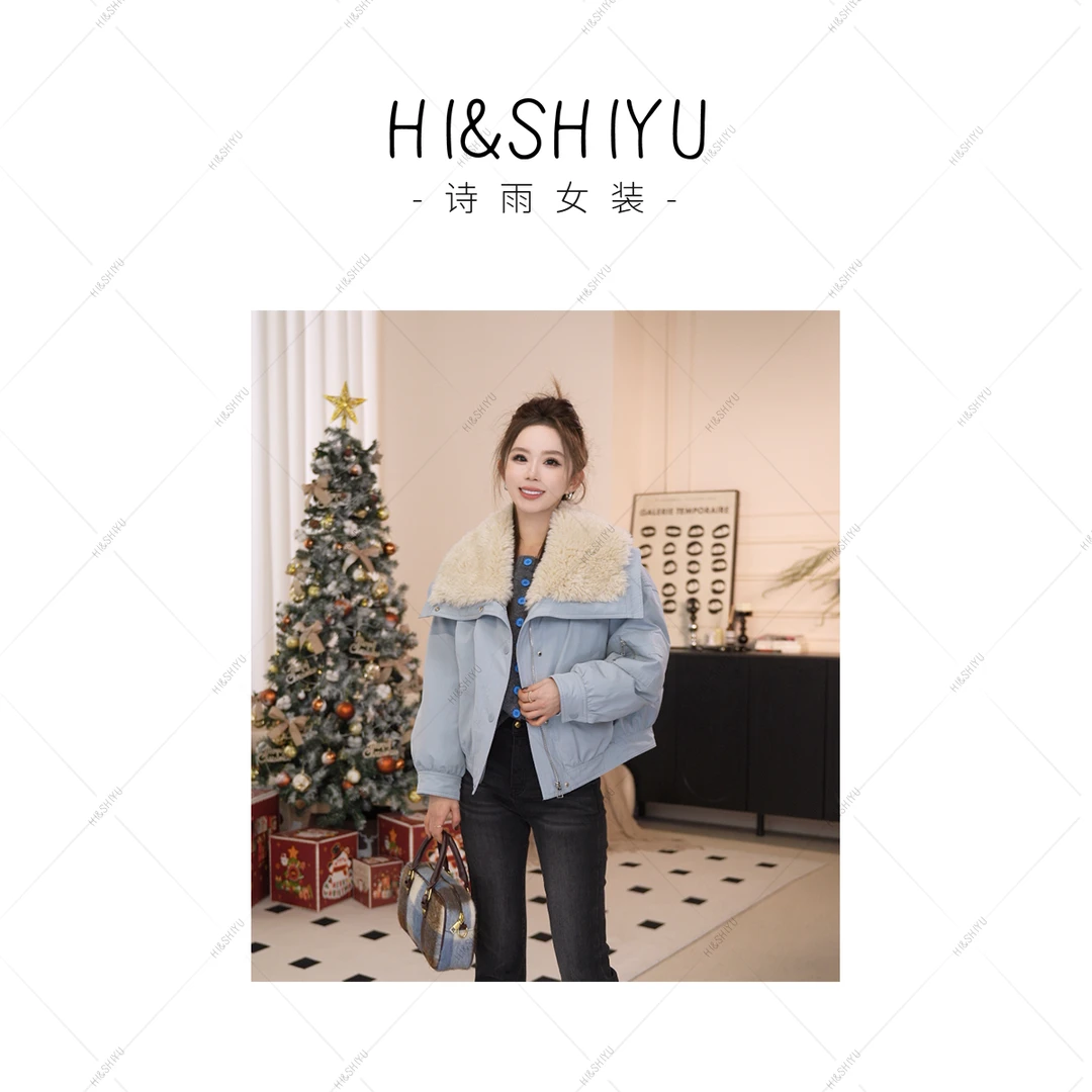 HISHIYU【天使之翼】羽绒短外套女毛毛大翻领白鸭绒工装风短款外套
