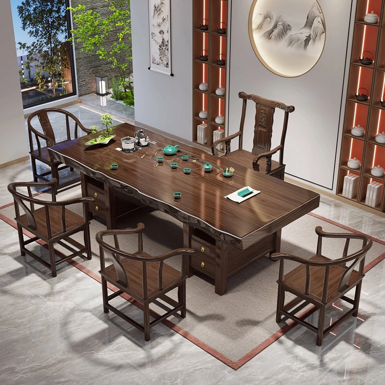 原木大板茶桌办公室茶台椅接待泡茶桌高端大气新中式茶几桌