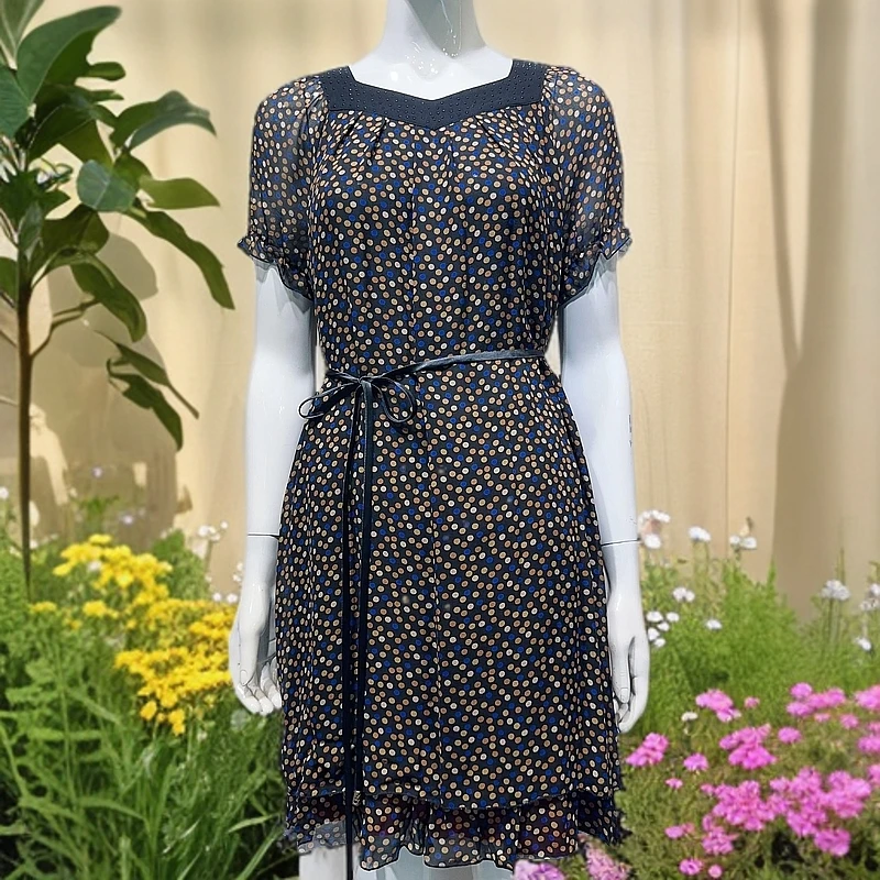 F001桑蚕丝 双层连衣裙小个子碎花气质显瘦百搭时尚 修身连衣裙