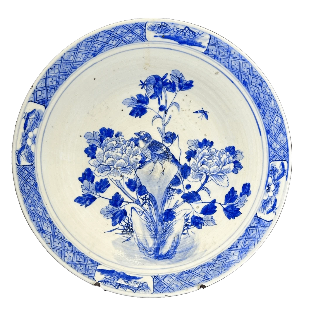 25200813x青花富贵白头花鸟纹盘