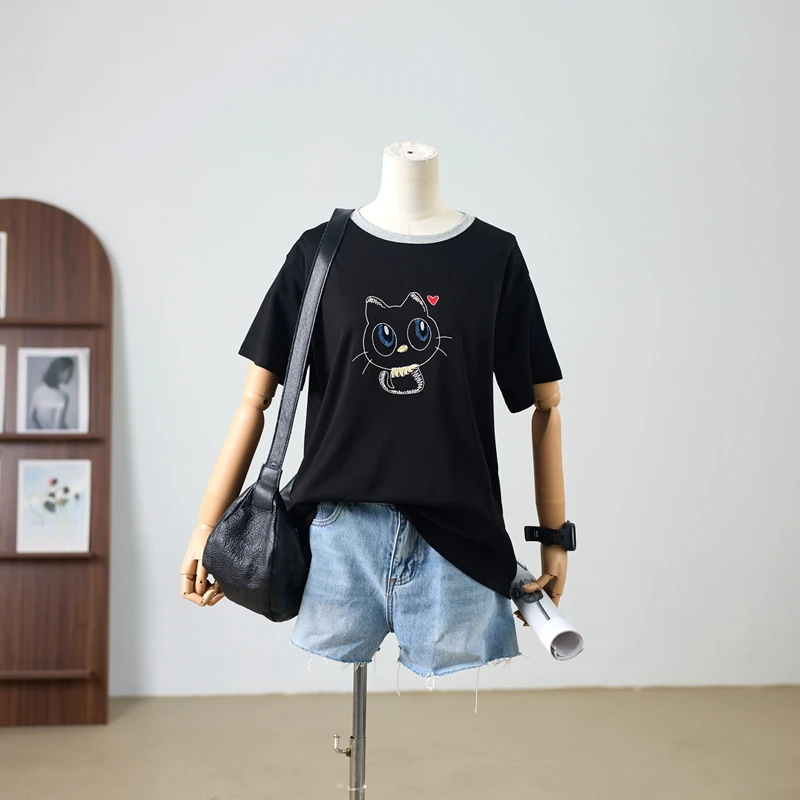 琴川谷夏季圆领刺绣爱心猫短袖上衣女弹力棉显瘦T恤宽松休闲百搭