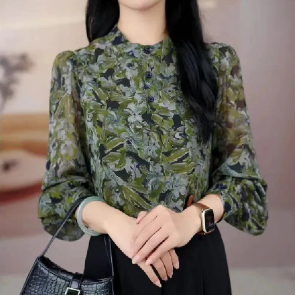X9997新款碎花衬衫气质复古减龄宽松遮肚显瘦百搭长袖上衣女