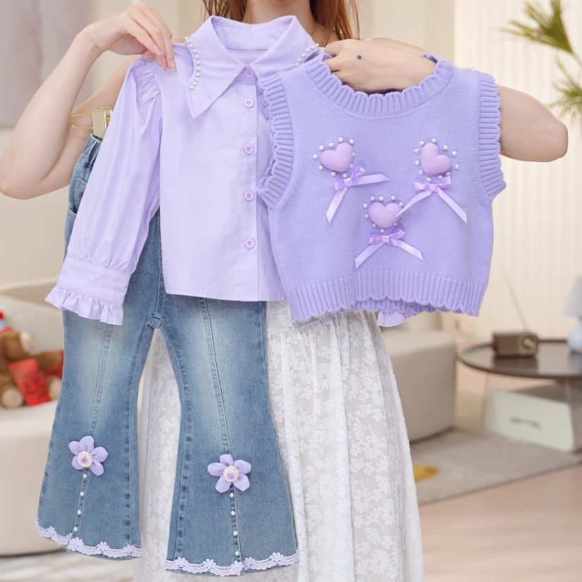 【心星】女童秋季欧若风套头少女风春秋套装女孩马甲三件套QA30587