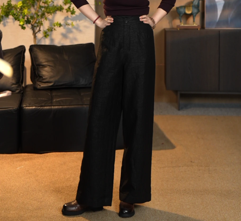 100%桑蚕丝 新中式香云纱棉裤直筒休闲垂感长裤3797