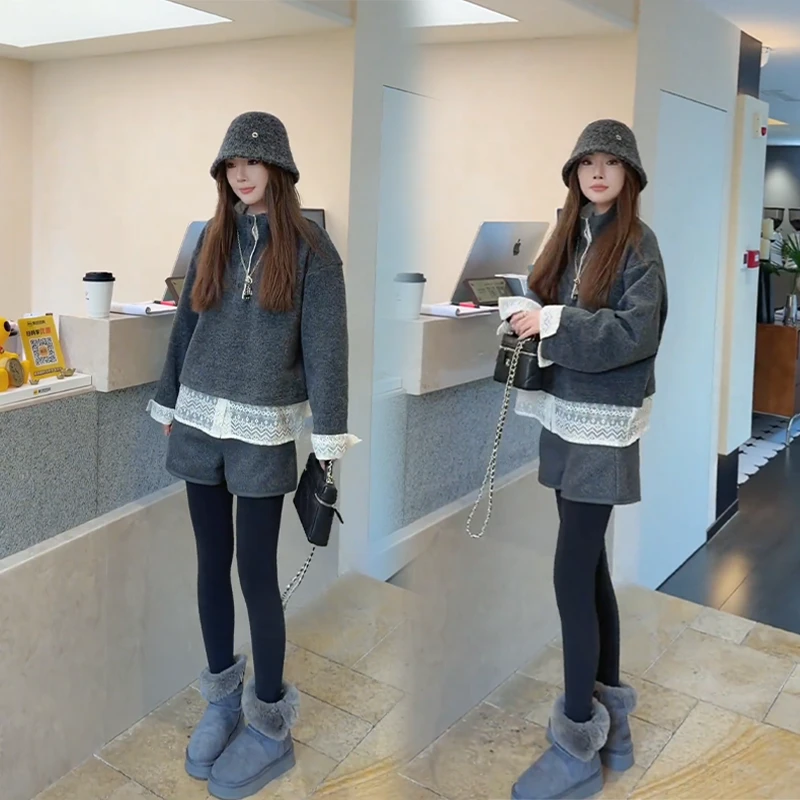 2025超火冬装韩版显瘦蕾丝拼接穿搭女厚款保暖宽松上衣+裤子套装