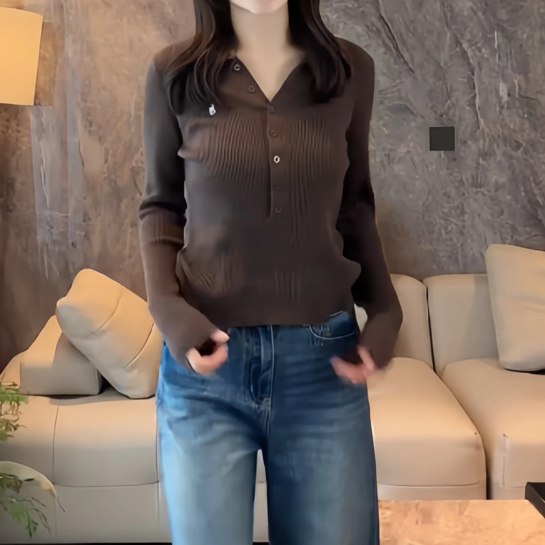 秋季高级感老钱风排扣翻领针织衫女修身时尚百搭显瘦刺绣上衣