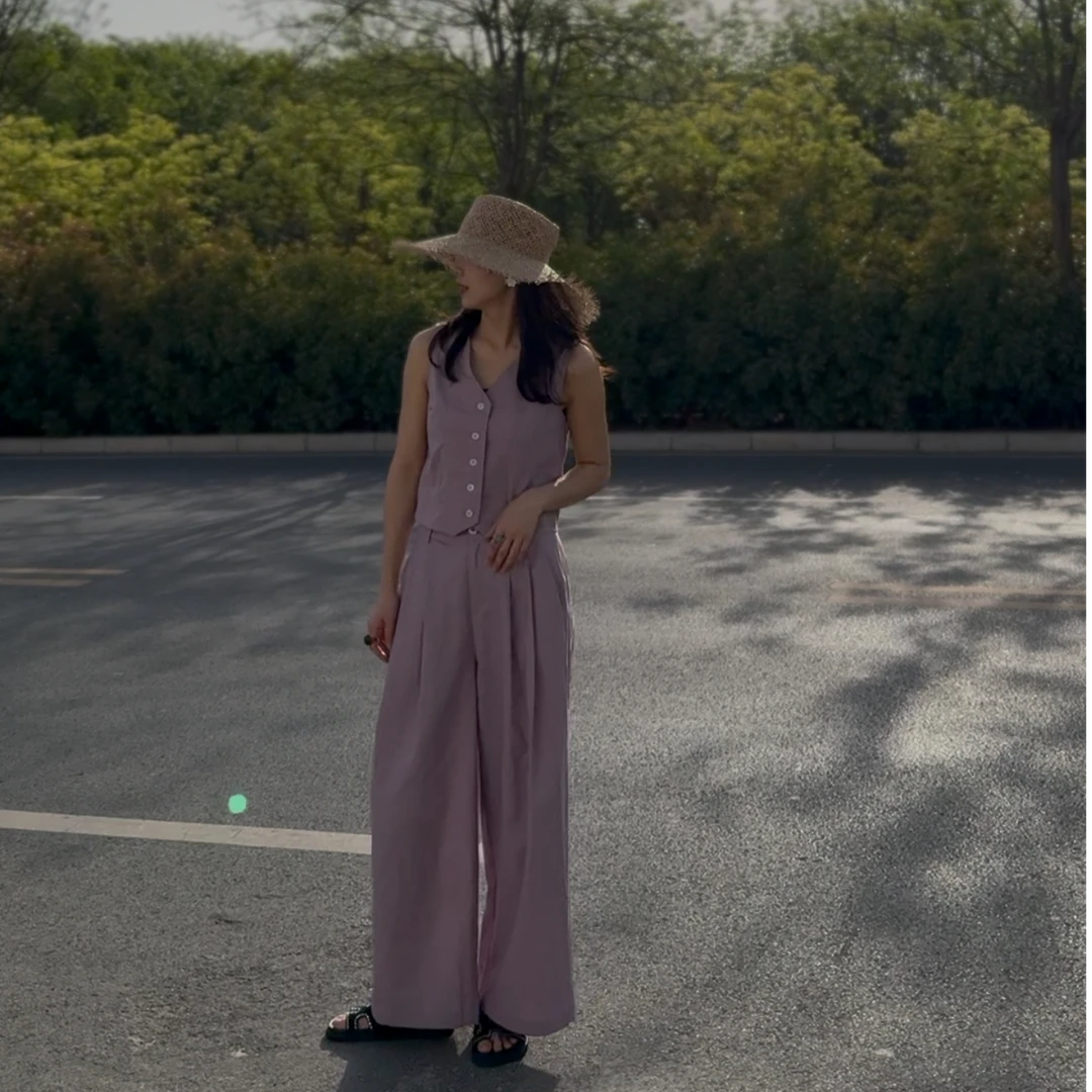 夏季法式高级亚麻套装两件套