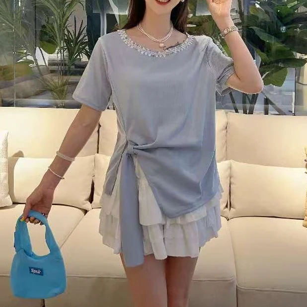 3087-C-大码女装重工缝制珠片流苏波西米亚风半袖衫100-210斤