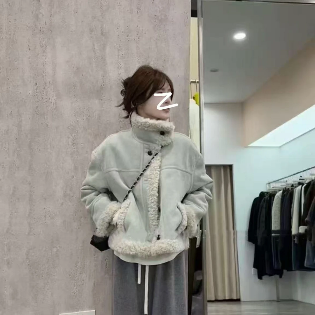 冬季新款韩版百搭显瘦立领麂皮绒皮毛一体外套女保暖上衣