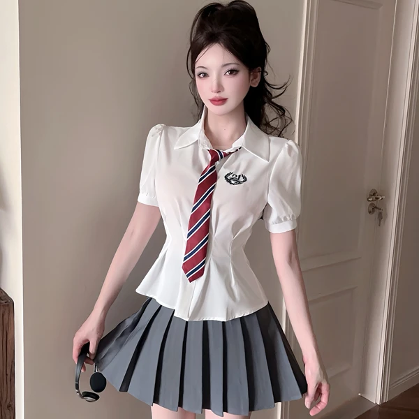 学院风减龄性感翻领修身单排扣衬衫上衣高腰显瘦百褶半身裙JK套装