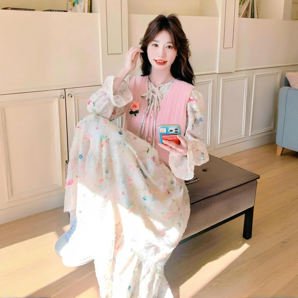 粉色提花连衣裙套装春秋2025新款韩系甜美减龄针织花朵马甲两件套