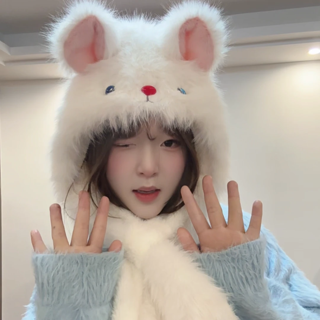 卡通新款小兔加绒加厚毛线帽子女保暖捏捏耳朵会动护耳帽防寒帽子