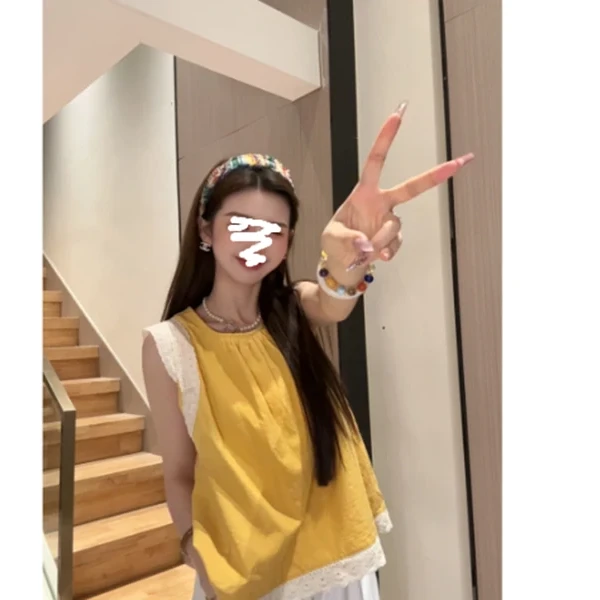 蕾丝花边拼接无袖衬衫女夏季设计感娃娃衫小个子气质a字蕾丝上衣