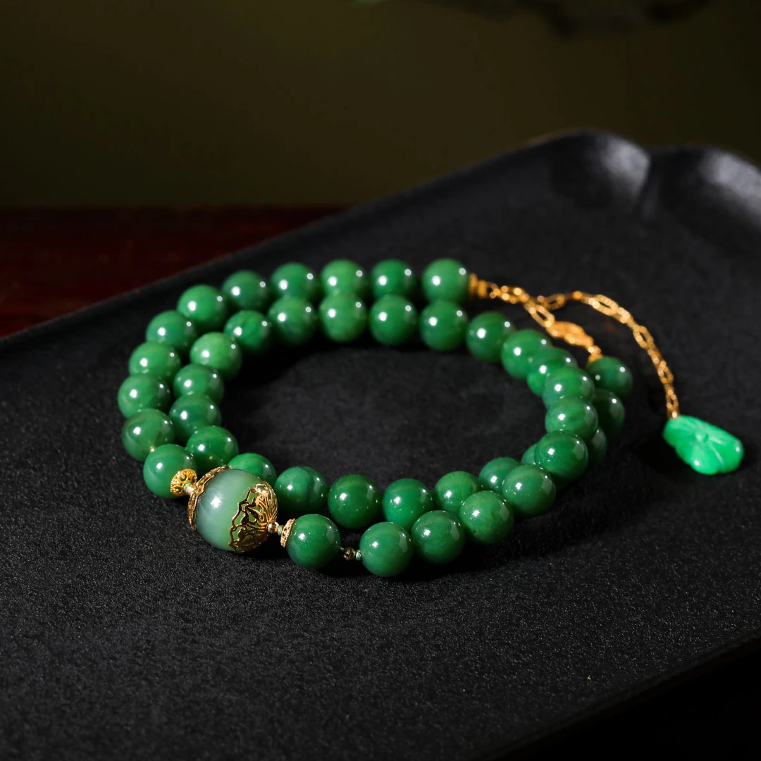 【意婵】《静初》典藏老俄料和田玉碧玉粉绿双圈手链18k金翡翠-909907
