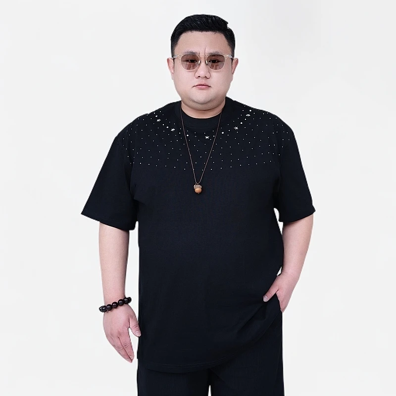 Bapilo大码带钻T恤男装夏季新款纯棉短袖T恤男潮牌加肥圆领时尚