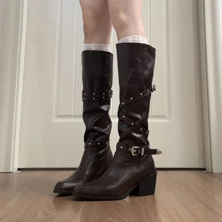 真皮版~粗跟铆钉皮带扣长筒靴女2025辣妹骑士靴高筒靴西部牛仔靴