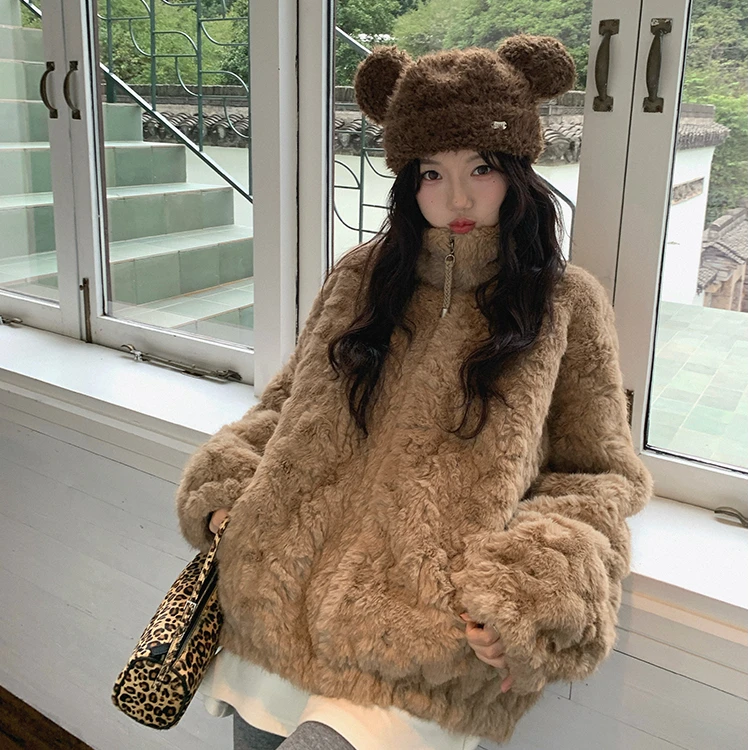 寒冬利器轻奢感环保毛花狐毛绒外套女宽松保暖纯色百搭拉链外套