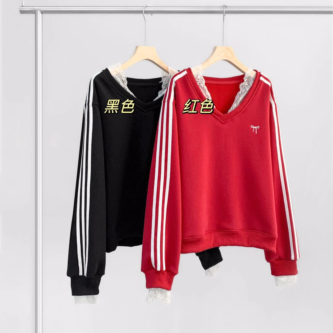 【LU出口订单】V领蕾丝卫衣女宽松韩系长袖套头卫衣 2505