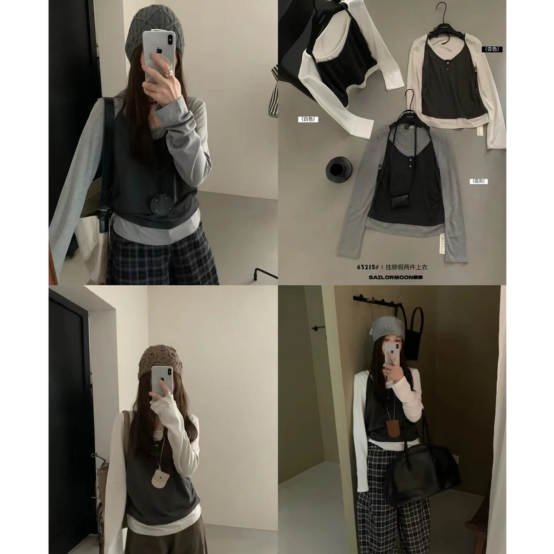 Phm秋季新款假两件挂脖上衣QJ 1577