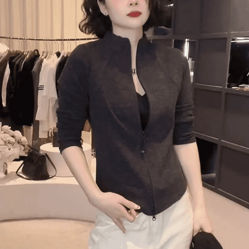 《优麦汇》5259拉链立领长袖T恤女2025春款设计感时尚百搭显瘦上