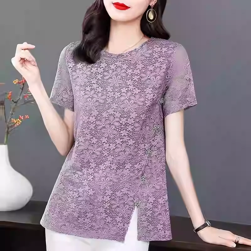 洋气短袖蕾丝上衣女2025年夏季新款大码女装胖mm宽松显瘦漂亮小衫