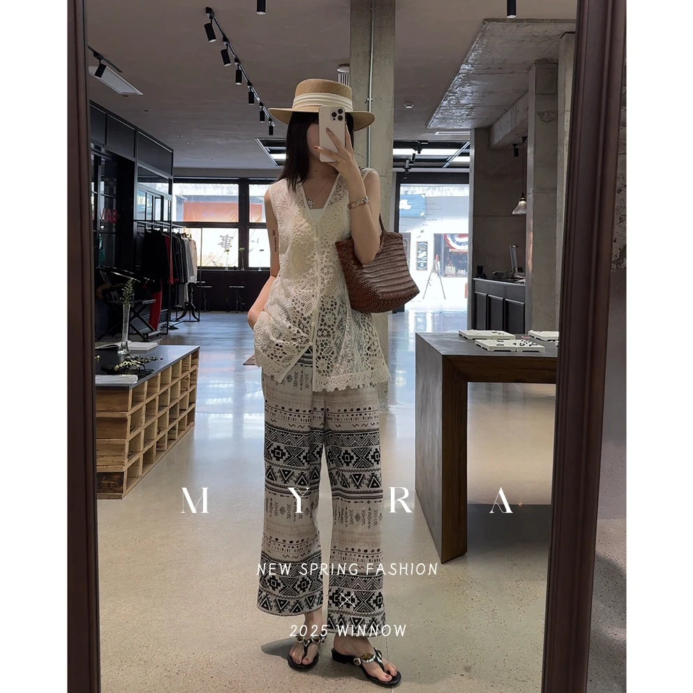 MYRA“旧梦”天丝+亚麻度假风垂感印花直筒休闲裤XMSC025257