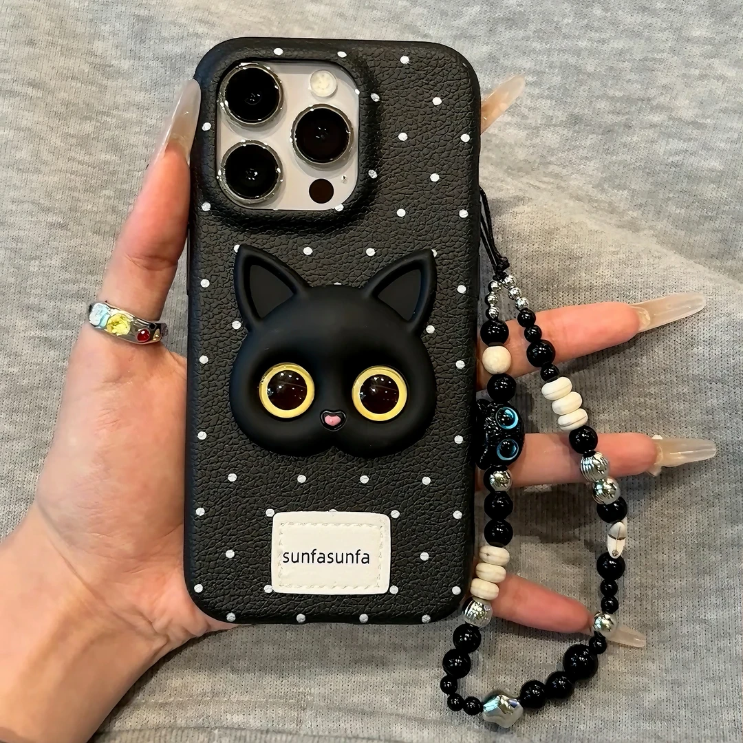 欧克里里ins波点个性黑猫适用iPhone16promax苹果13/15手机壳手链