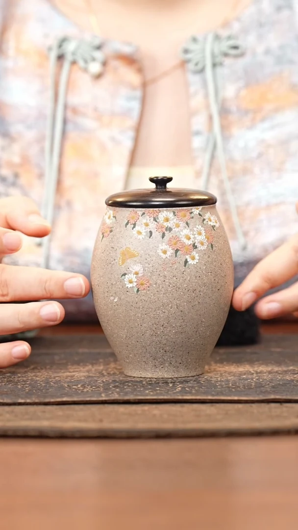 紫砂茶叶罐木盖定窑白泥绘雏菊茶叶罐