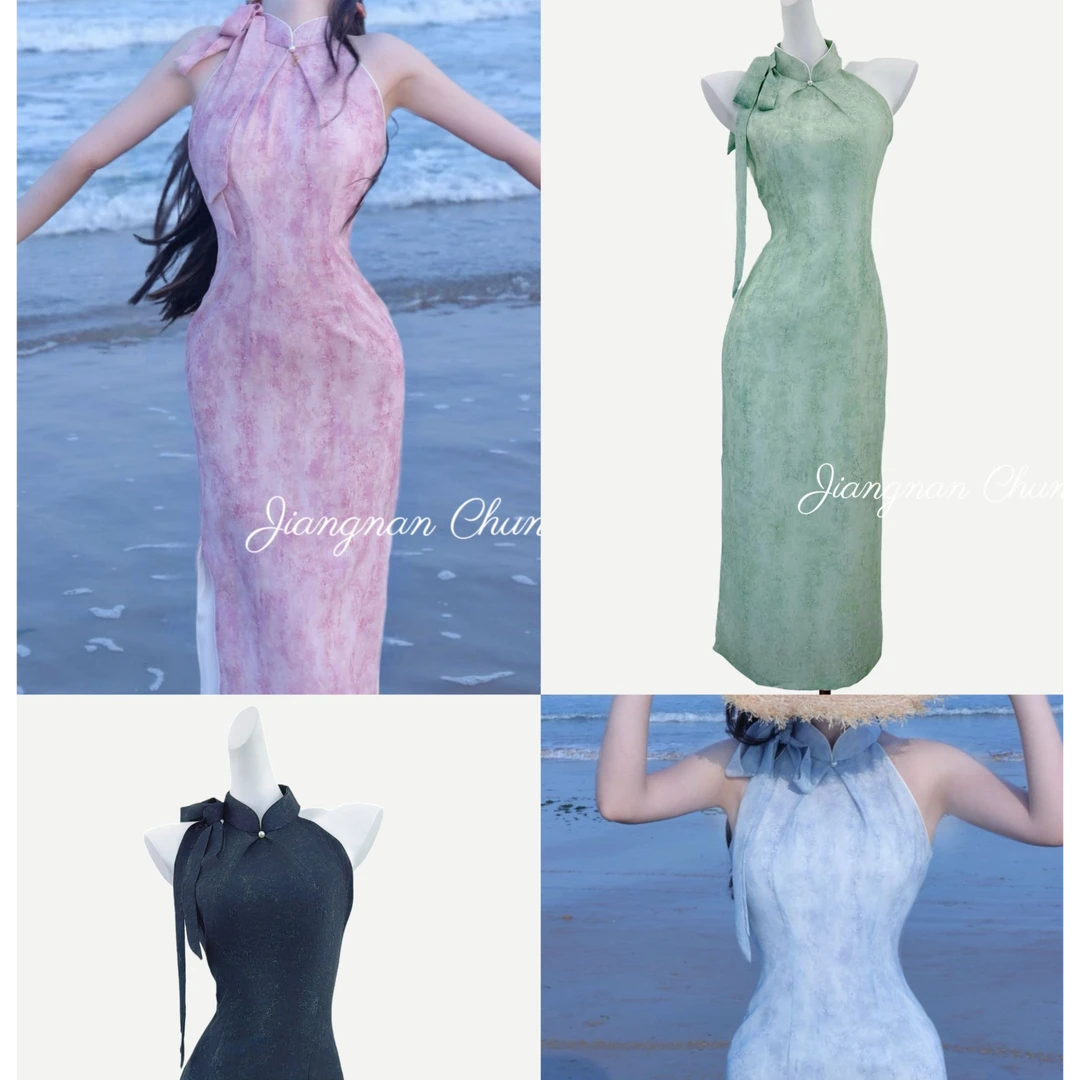 黛梦｜裙长120新款三色时尚性感修身挂脖旗袍露肩气质优雅复古