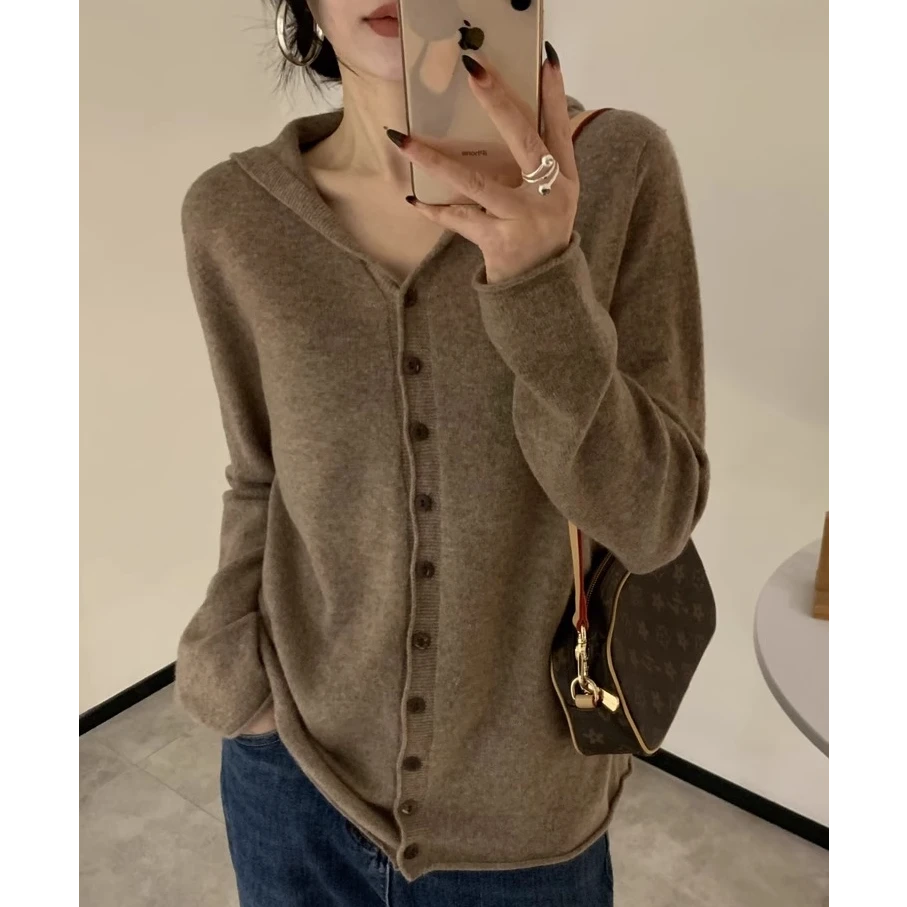 一线成衣100%纯羊毛连帽开衫女秋冬针织毛衣宽松慵懒M807