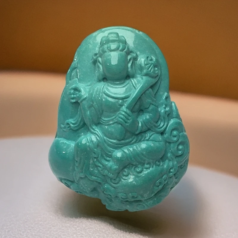 【一哥】湖北十堰天然原矿绿松石高瓷雕刻文殊观音菩萨吊坠挂件配饰