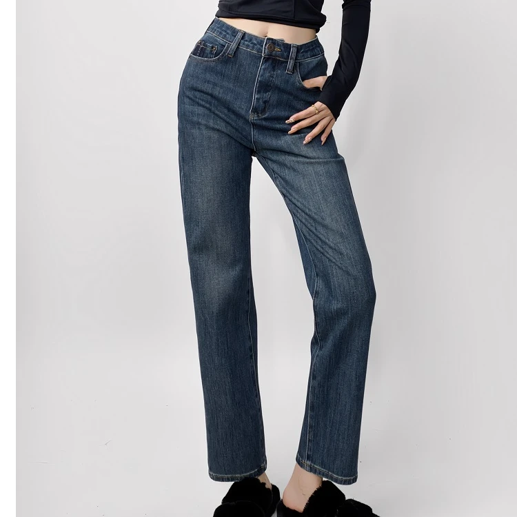 四面弹高腰烟管直筒牛仔裤