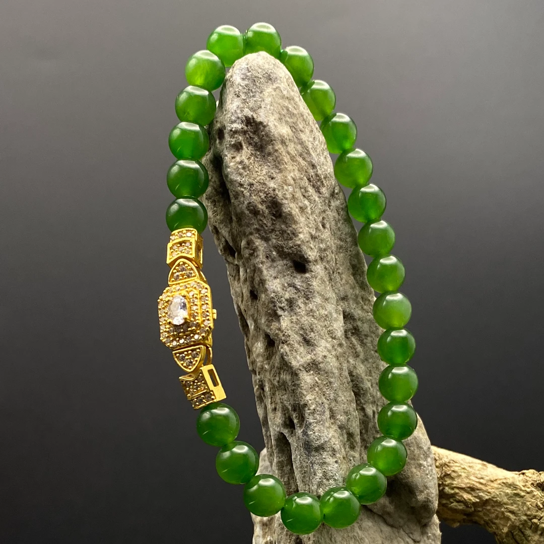 和田玉碧玉阳绿6mm设计扣子女士款手串手链