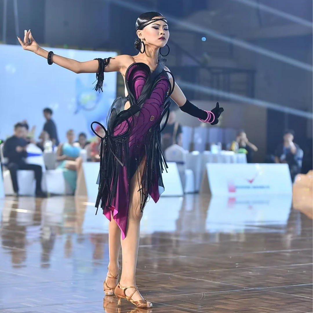 GH舞服专业比赛演出服定制玫红黑色红色拉丁舞服装