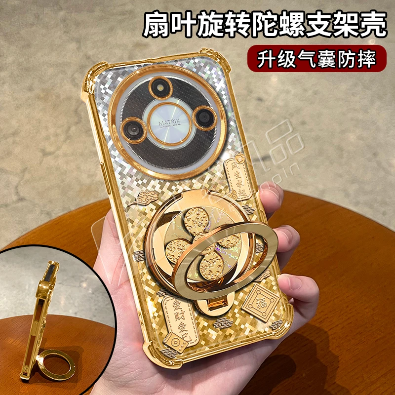 金色菱格电镀防摔适用【华为】荣耀x60旋转支架多功能全包手机壳