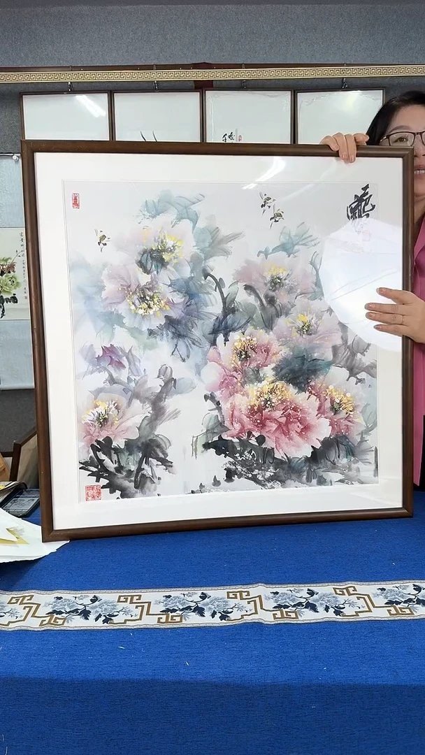 国画牡丹图 实木画框 83*83