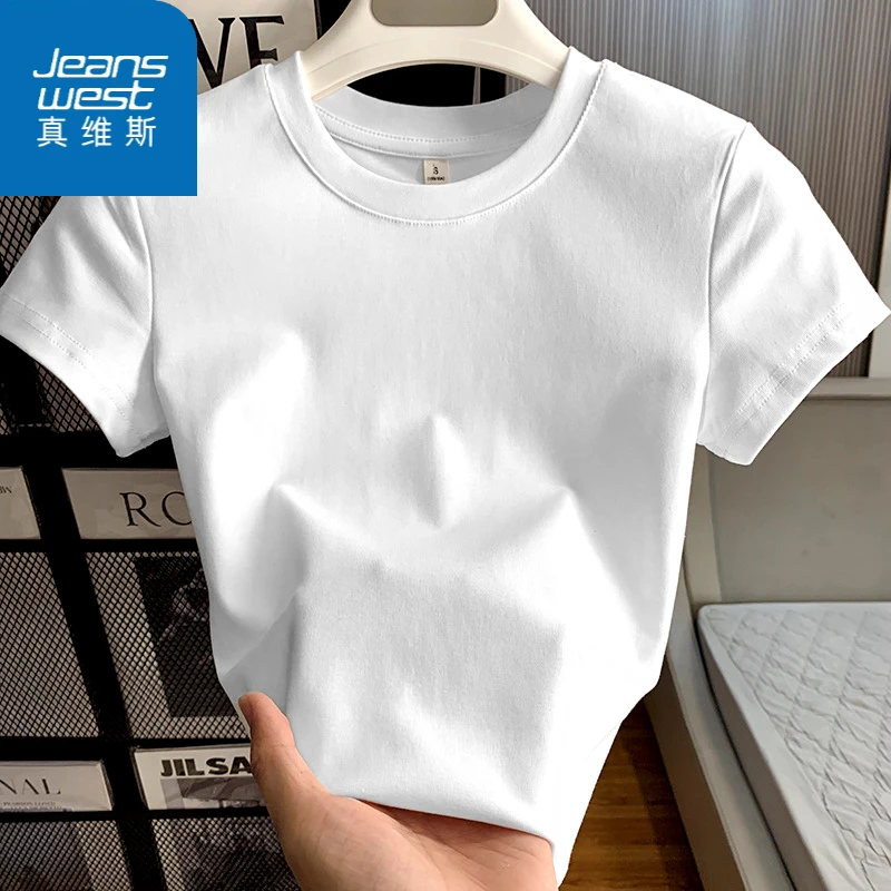 真维斯白色圆领修身短袖女2025夏季新款欧若风百搭欧若风穿搭打底